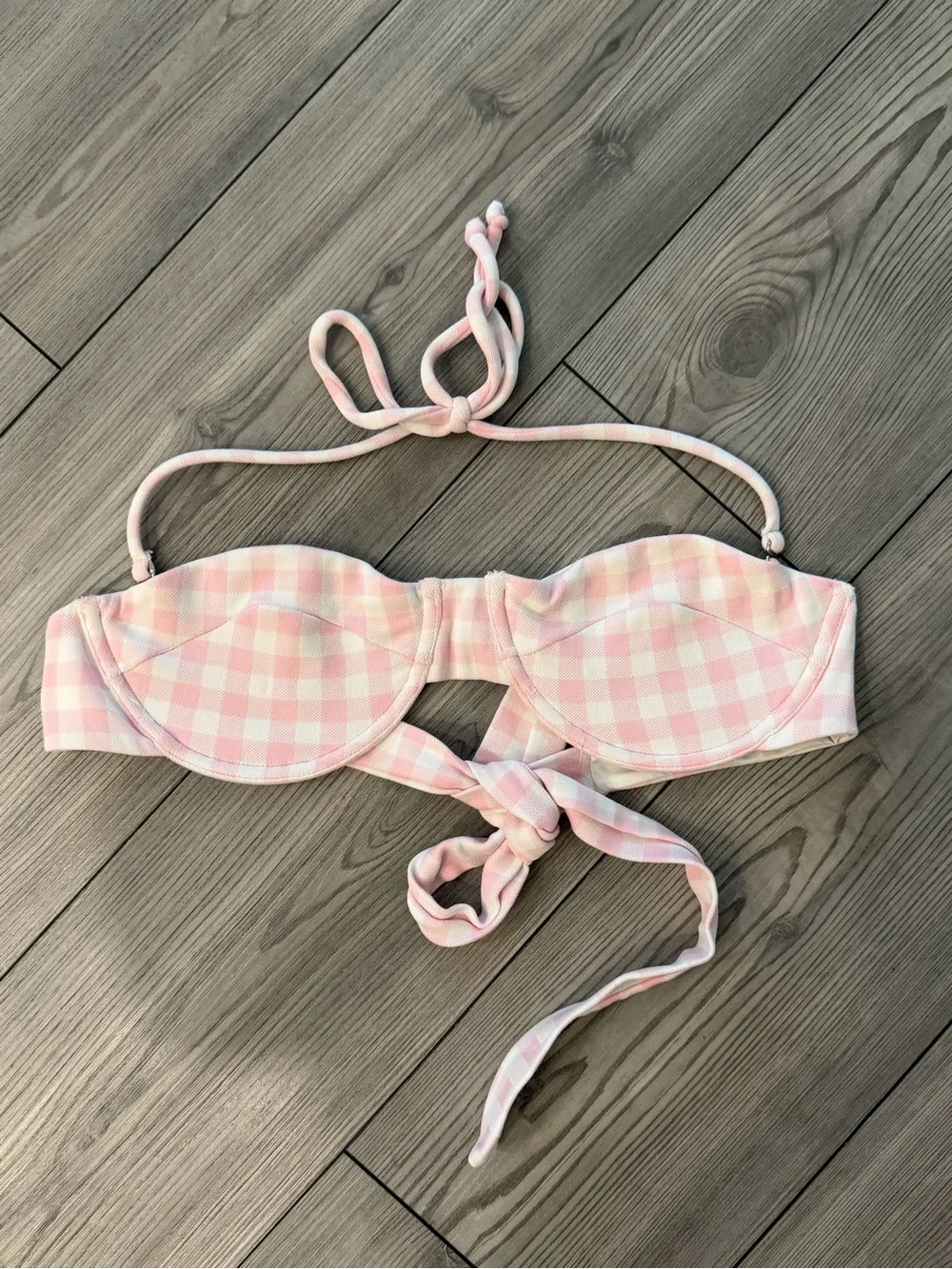 Frankie's Bikinis Pink and White Gingham Bandeau Top L